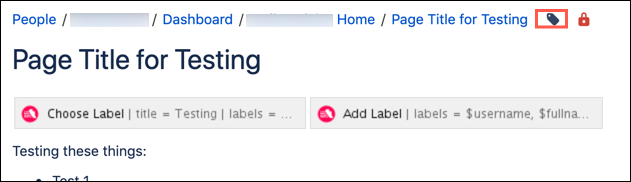 The labels button highlighted on a Confluence page in edit mode