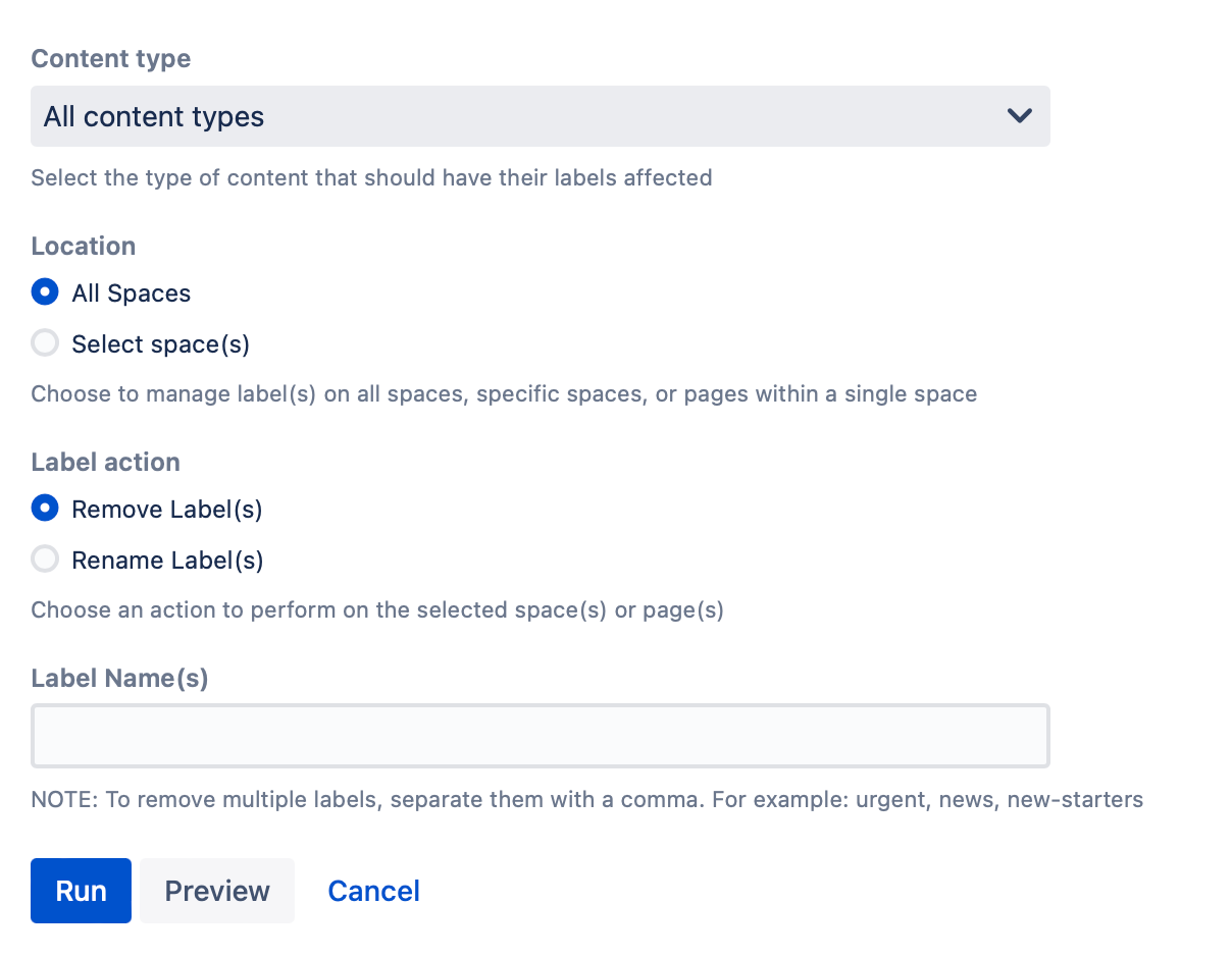 The Manage Labels form filled out with the Removing Lables example content