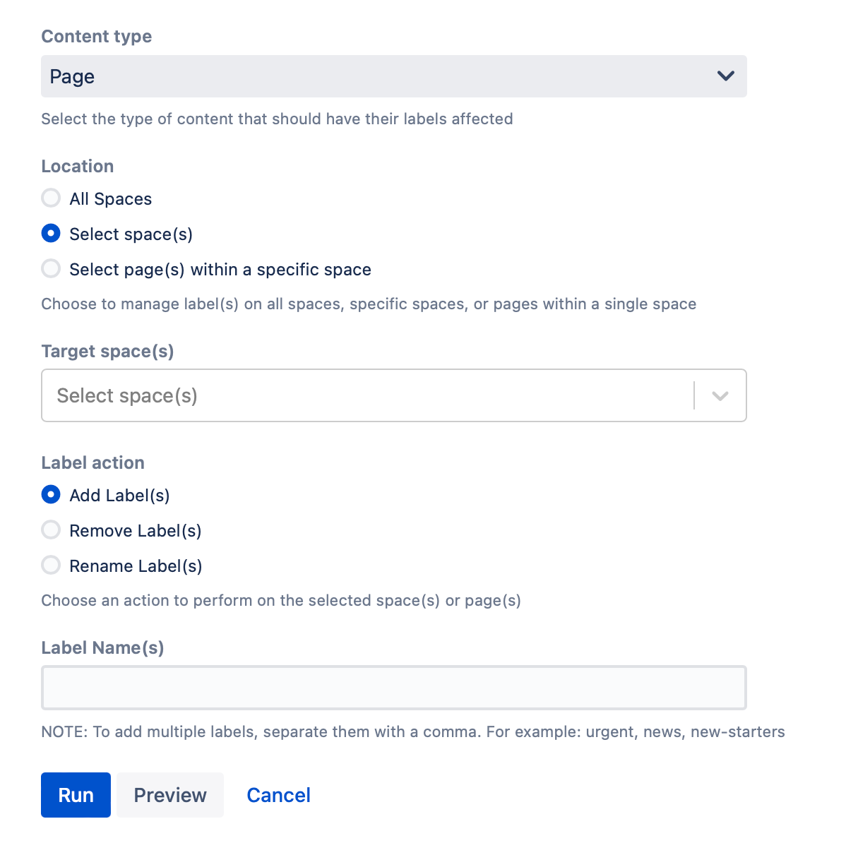 The Manage Labels form filled out with the Add Labels example content