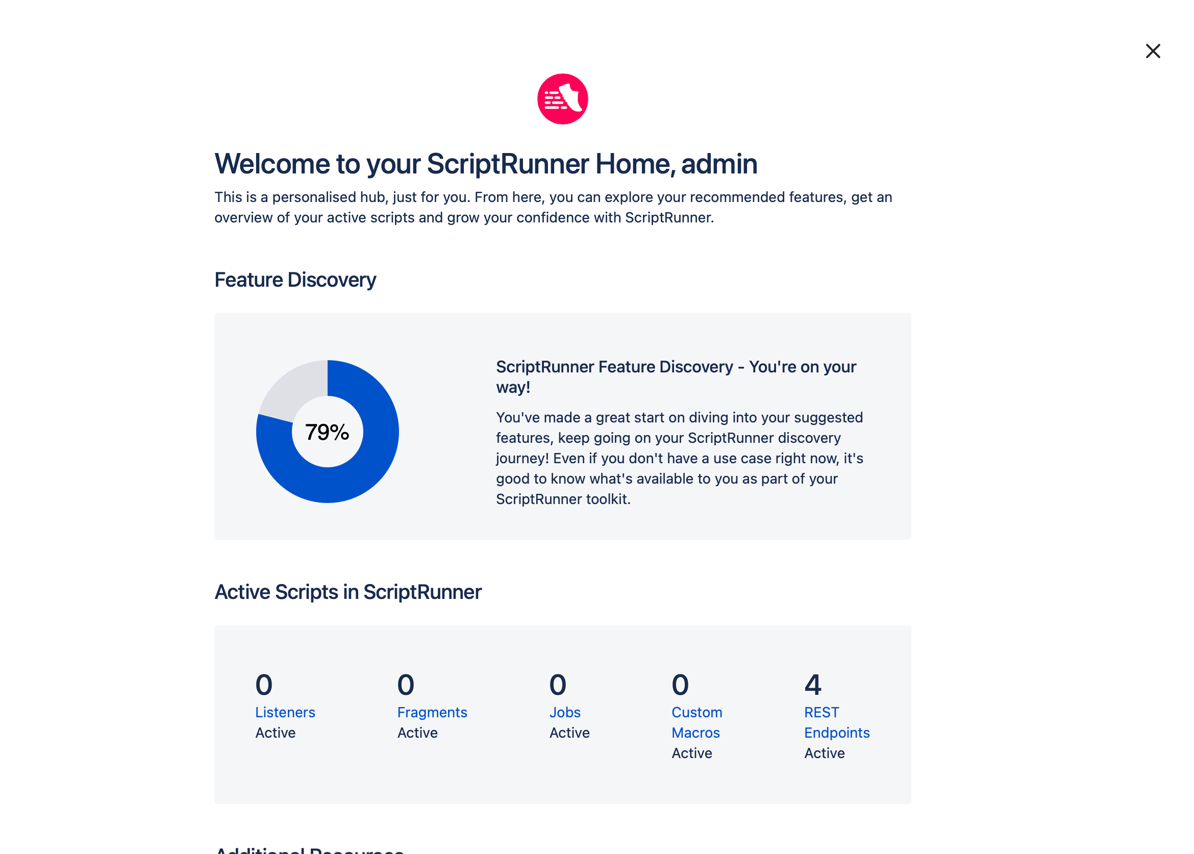 This image shows an example of what you can see when you select the ScriptRunner home screen, including how far you have progressed in Feature Discovery and how many active scripts you have.