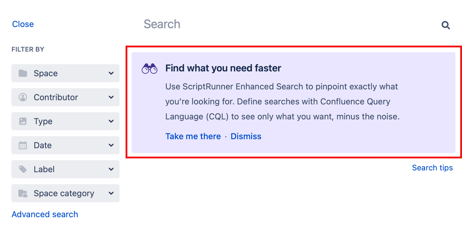 Enhanced Search section message on the Confluence search screen