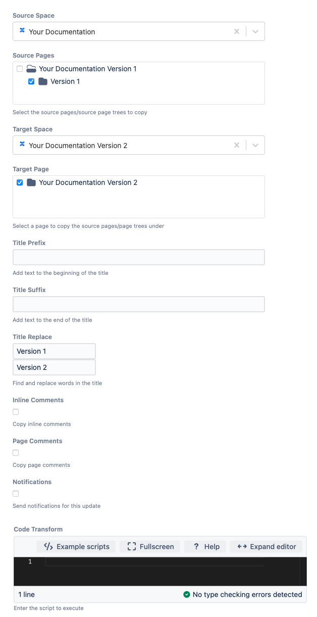 The Copy Pages form filled out with the example information