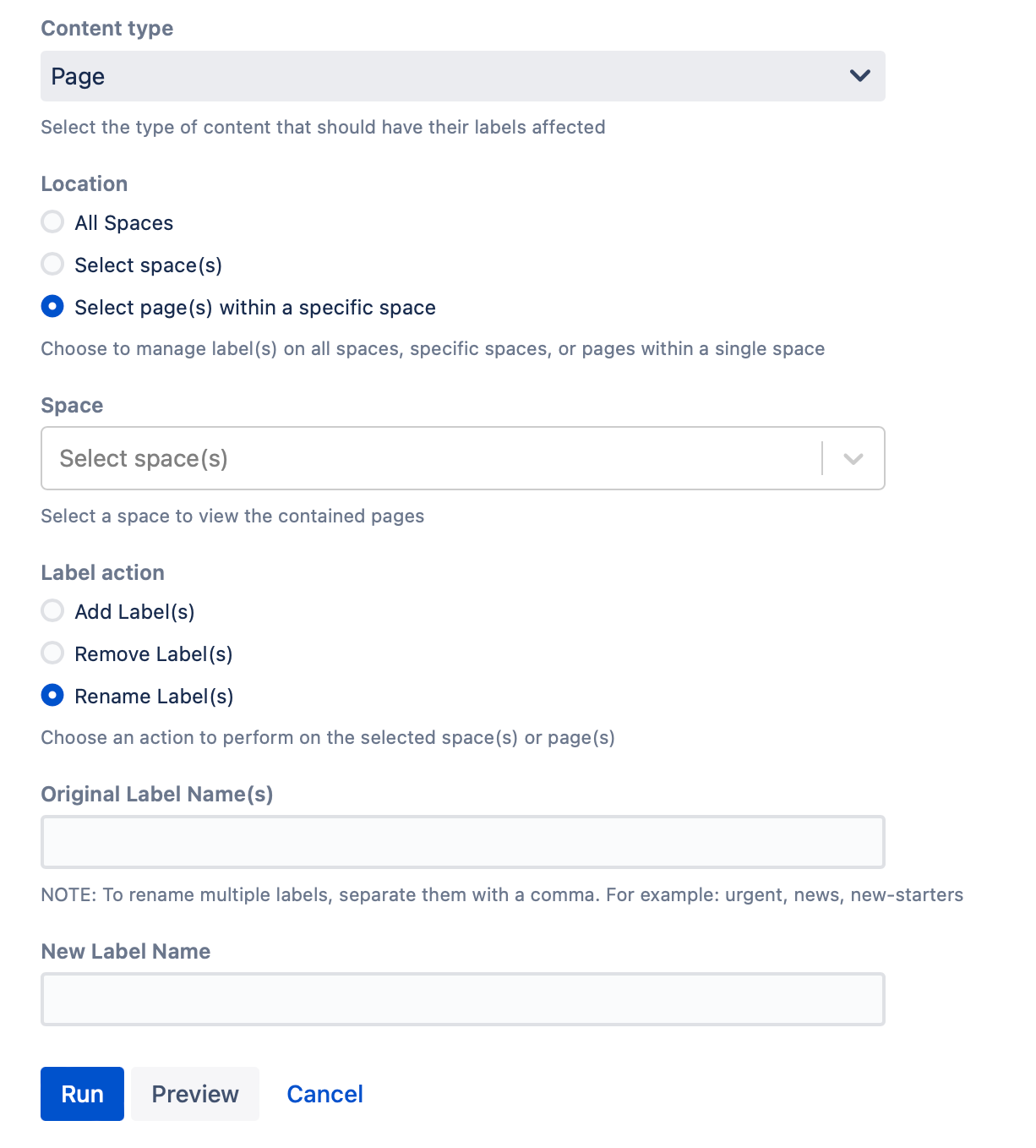 The Manage Labels script form filled out with the Renaming Labels example content