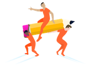 Two people carrying a pencil that a third person is riding