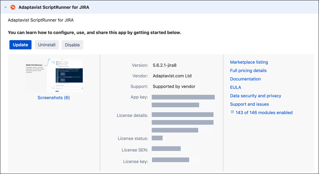 The Adaptavist ScriptRunner for Jira options in the Atlassian UPM.