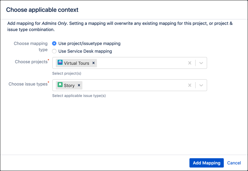 The Choose Applicable Context screen, with example configuration.