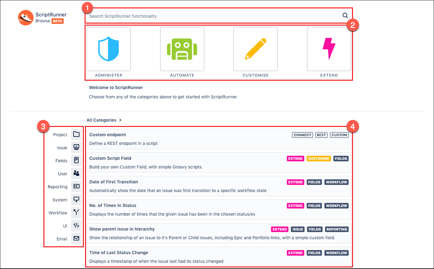 The ScriptRunner Browse page, with each element highlighted and numbered. 