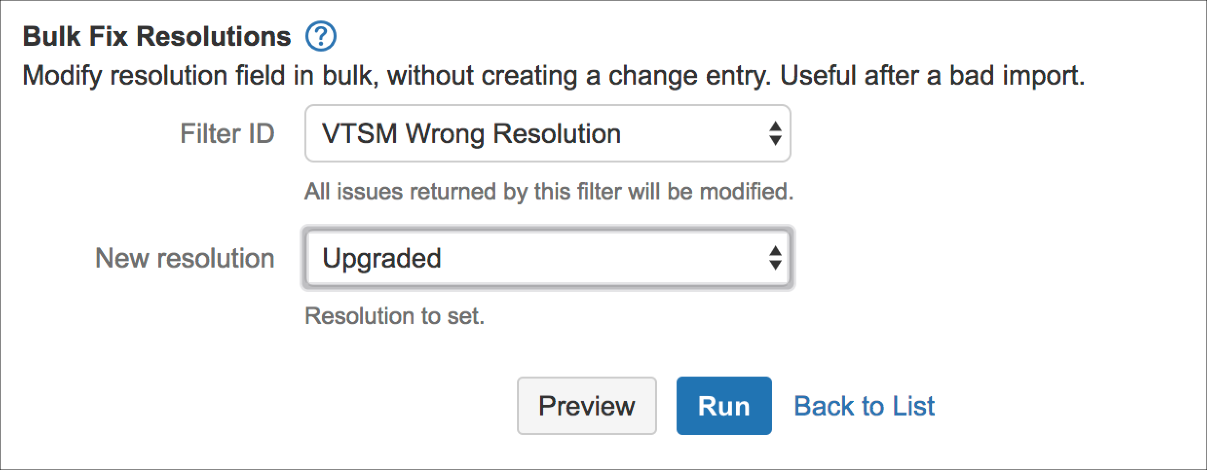 The Bulk Fix Resolutions screen with example configuration.