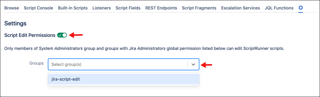 The Settings screen, with the the Script Edit Permissions toggle and Groups field highlighted.