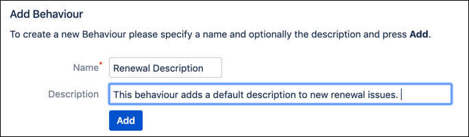 The Description field, highlighted in the Add Behavior screen.