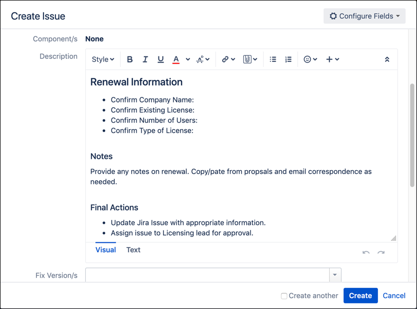 The Create Issue screen, with an example configuration.