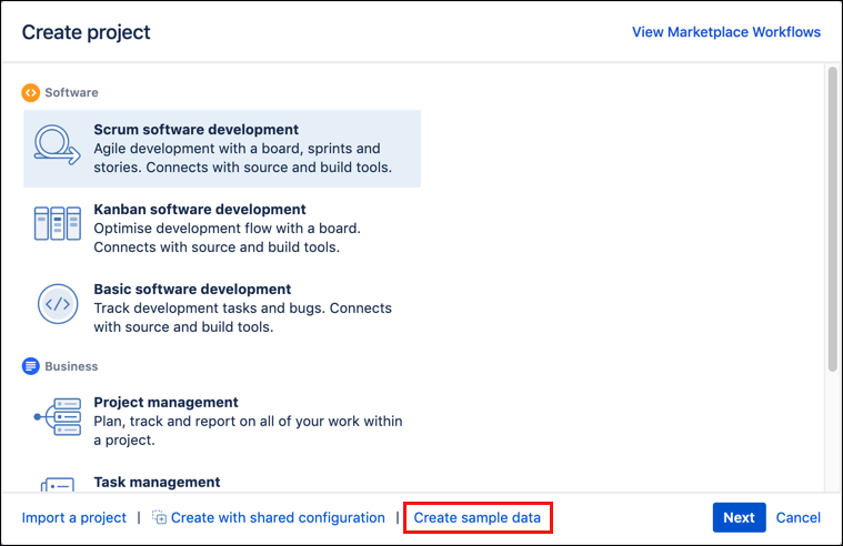 The Create Sample Data option highlighted in the Create Project screen.