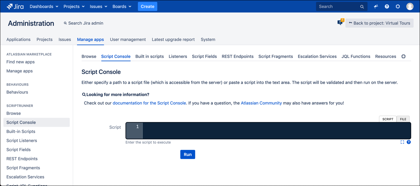 The Script Console screen. 