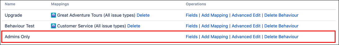 The Admins Only behaviour highlighted on the Behaviour screen.