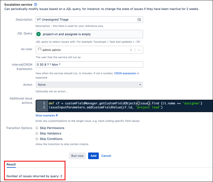 The Result section, highlighted in the Escalation Service screen.