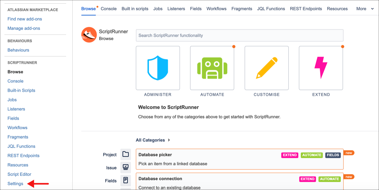 The Settings tab for ScriptRunner shown from the Browse page.