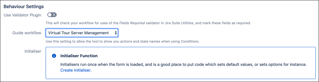 Virtual Tour Server Management is entered in the Guide Workflow field on the Behaviour Settings page.