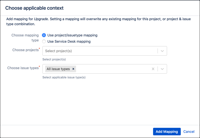 The Choose Applicable Context screen, with example configuration.