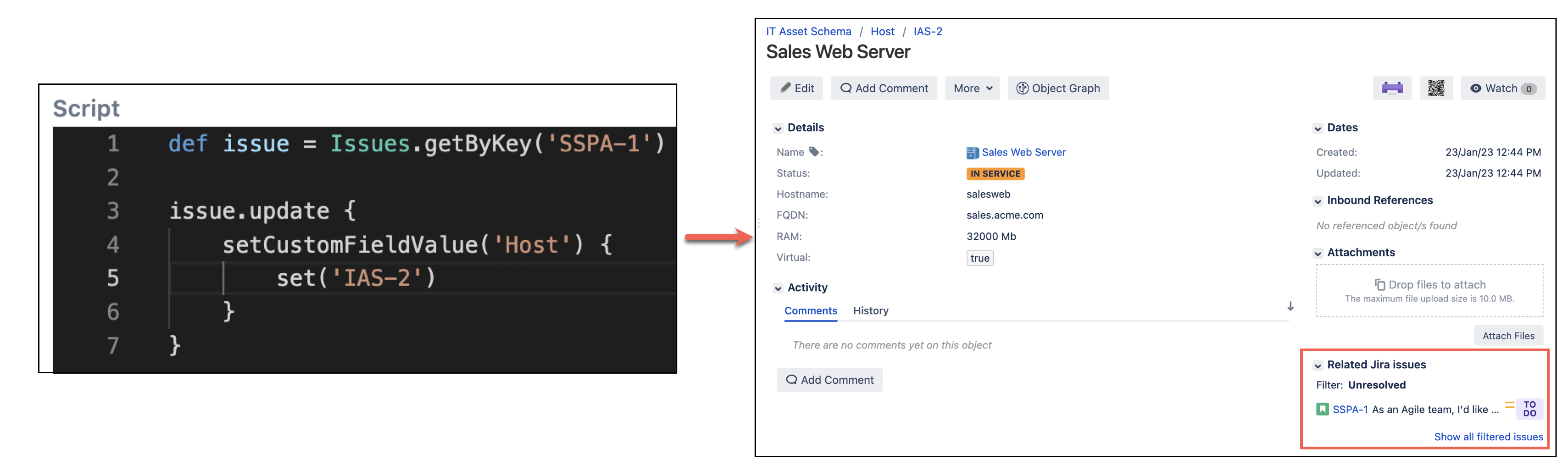 Image showing how you assign an issue to an asset object with HAPI