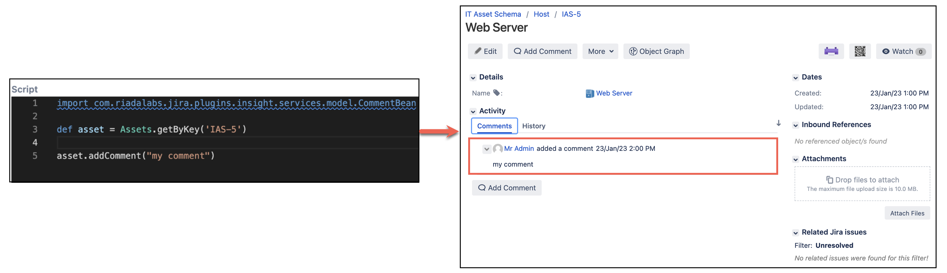 Image showing how to add a comment to assets with HAPI