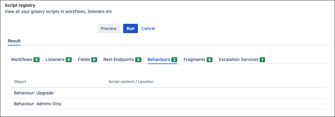 The Behaviours tab in the Script Registry. 