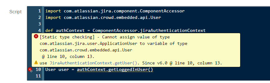 A Static Type Checking error in the Script field.