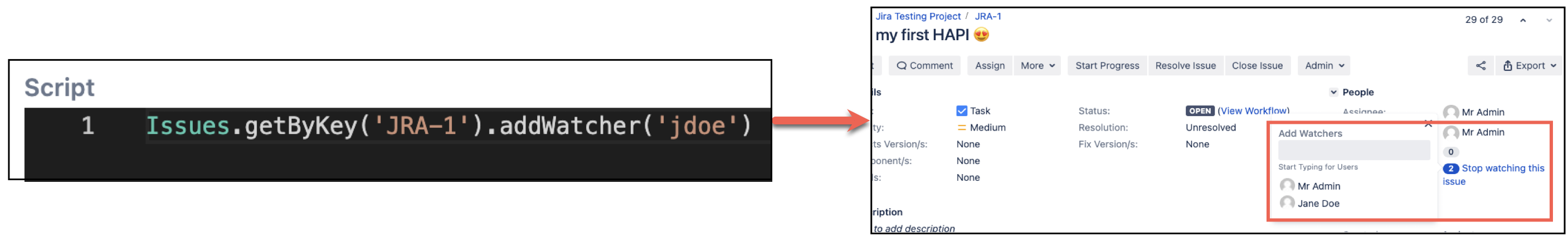 Image showing you how to add a watcher to an issue with HAPI