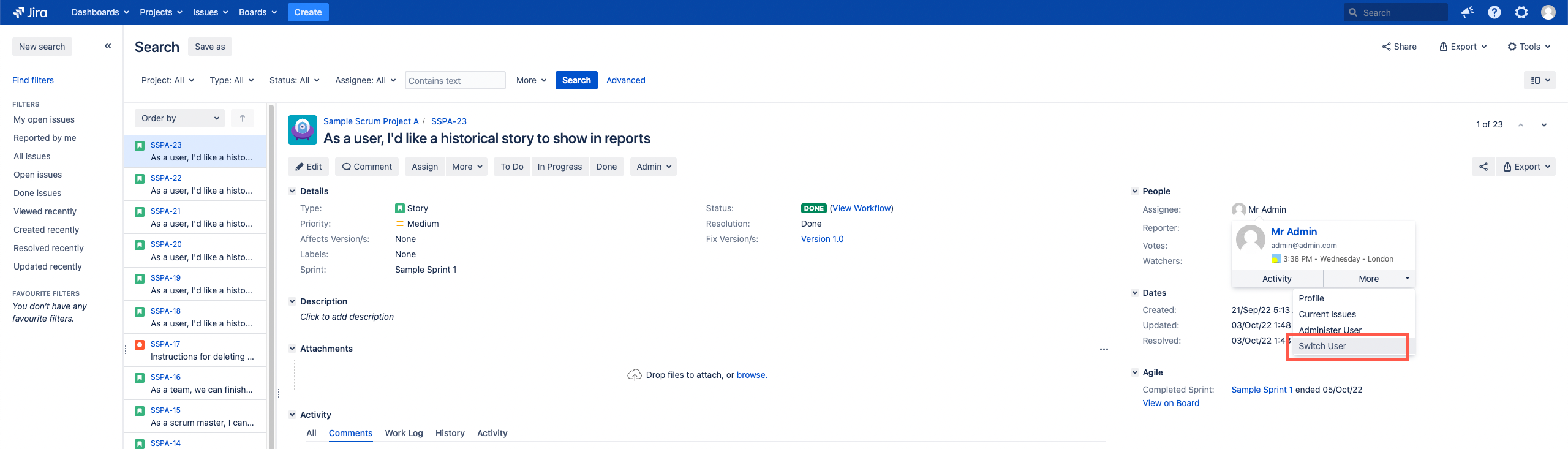 Image showing where to access switch user in an issue