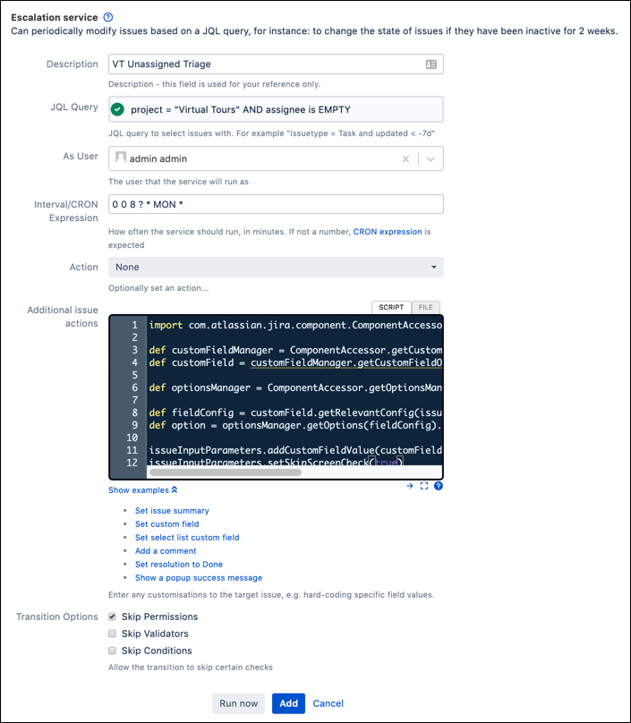 The Escalation Service screen with example configuration. 