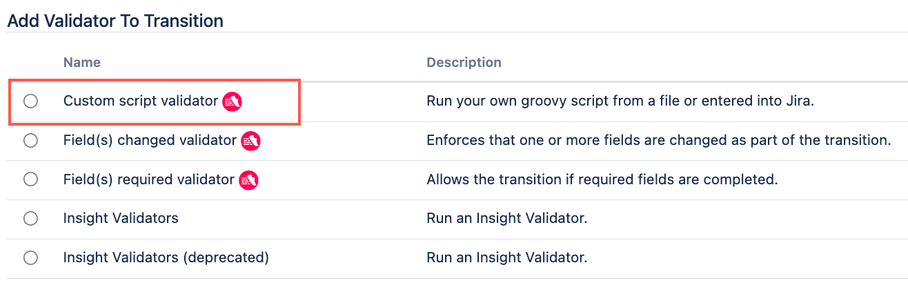 Image of custom script validator selected