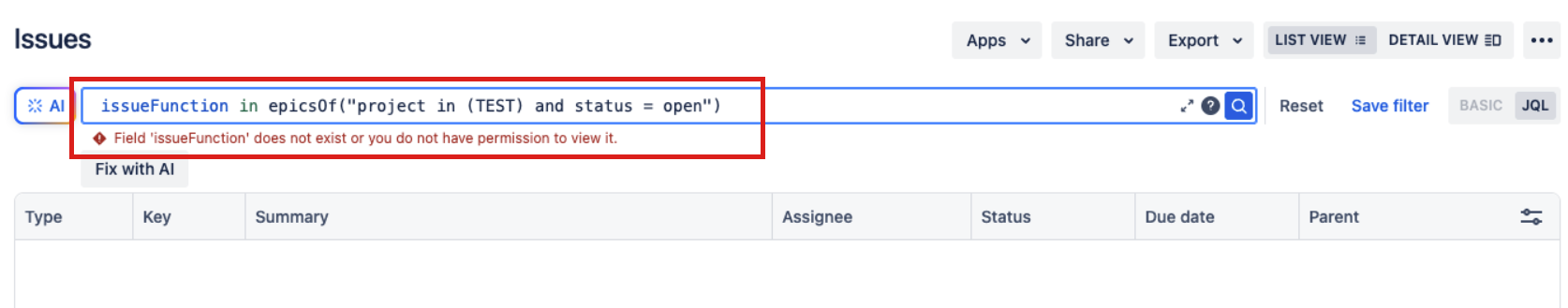 Image of JQL error
