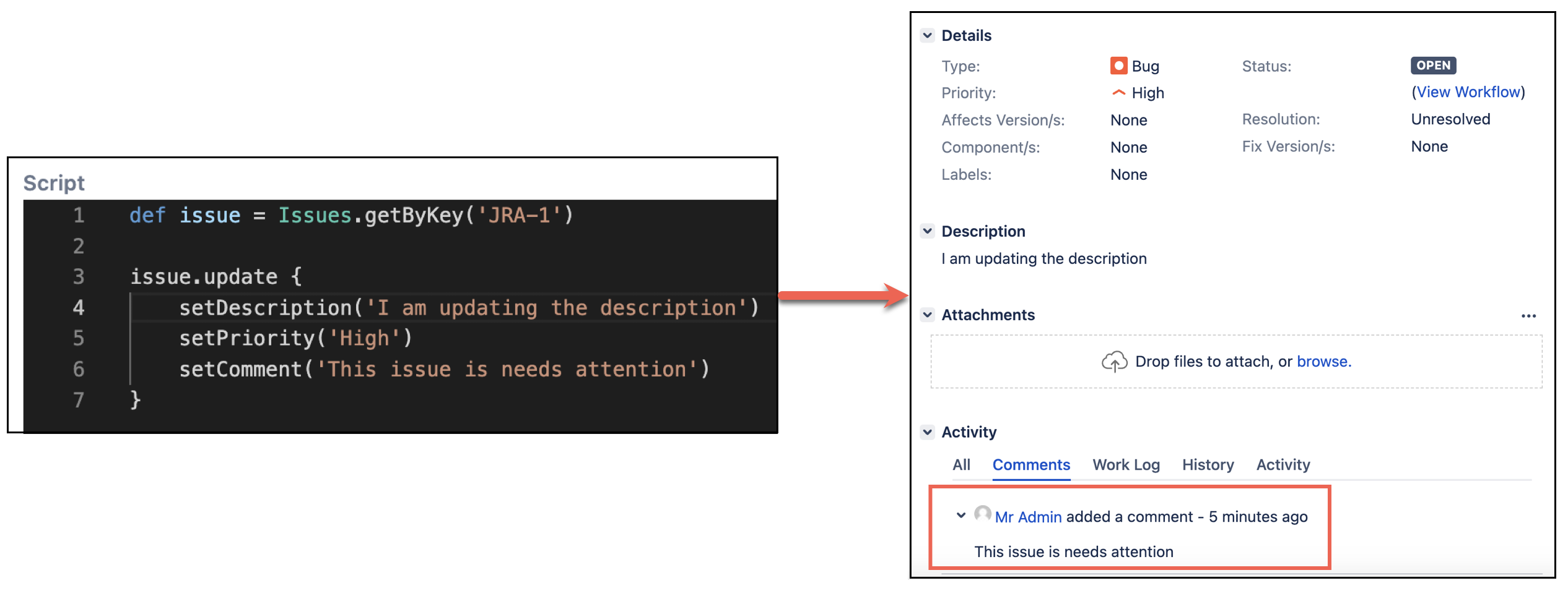 Image showing how to add a comment while updating an issue with HAPI