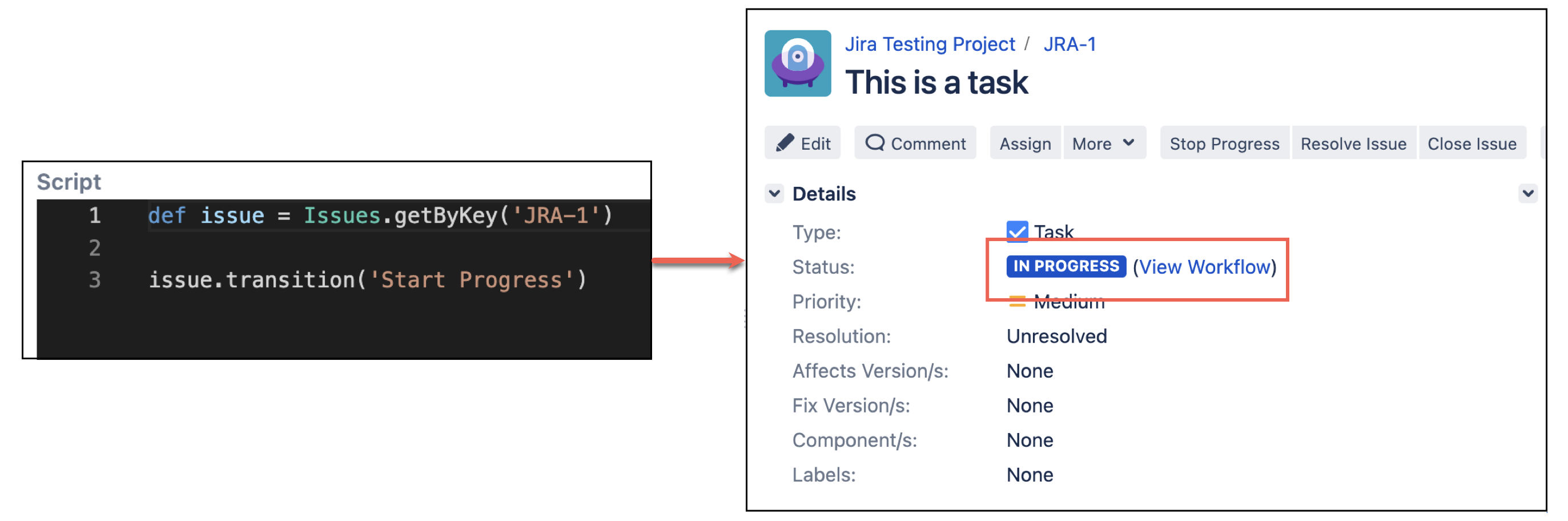 Image showing how you transition an issue with HAPI