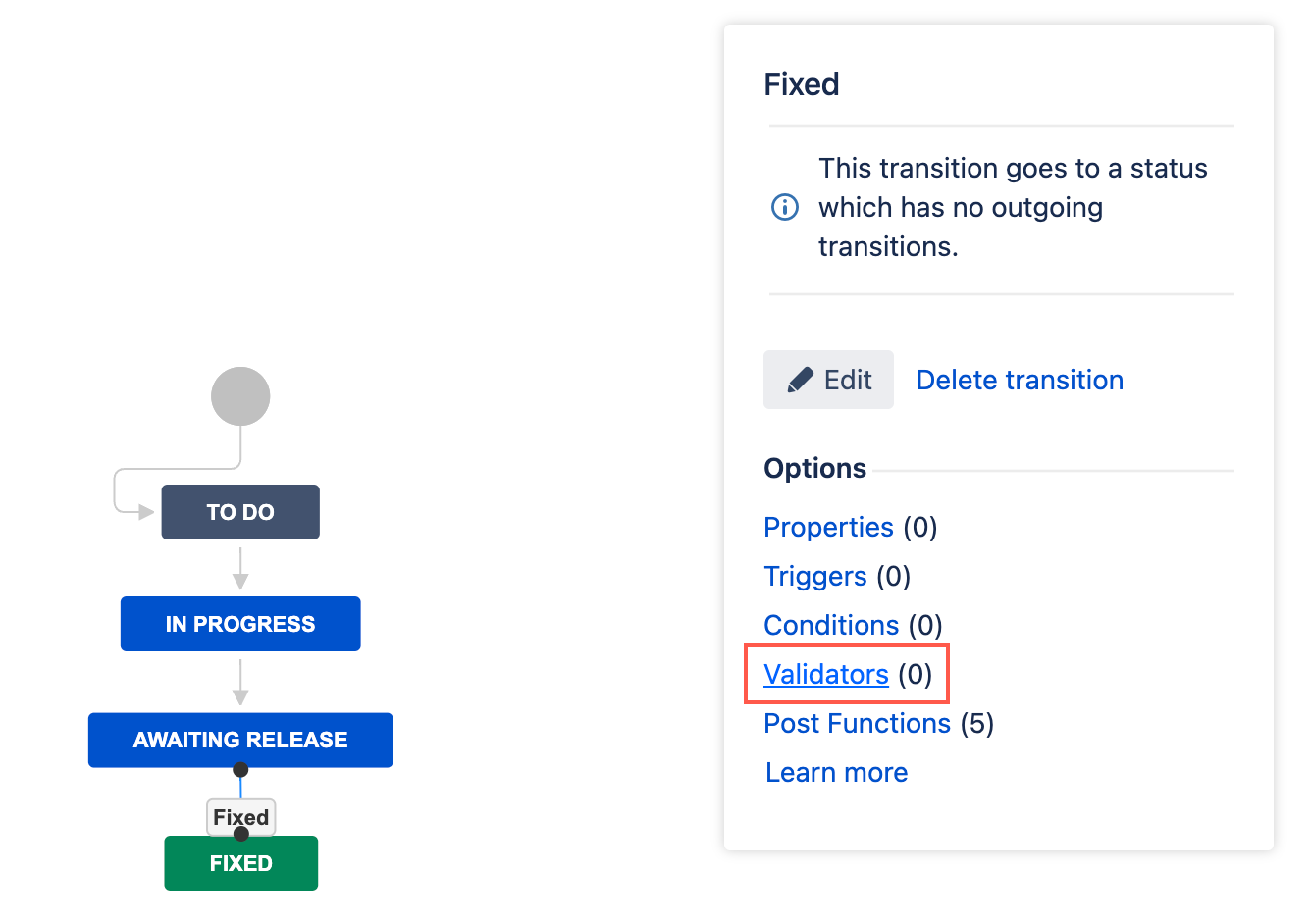 Image showing the validator option selected from the workflow screen