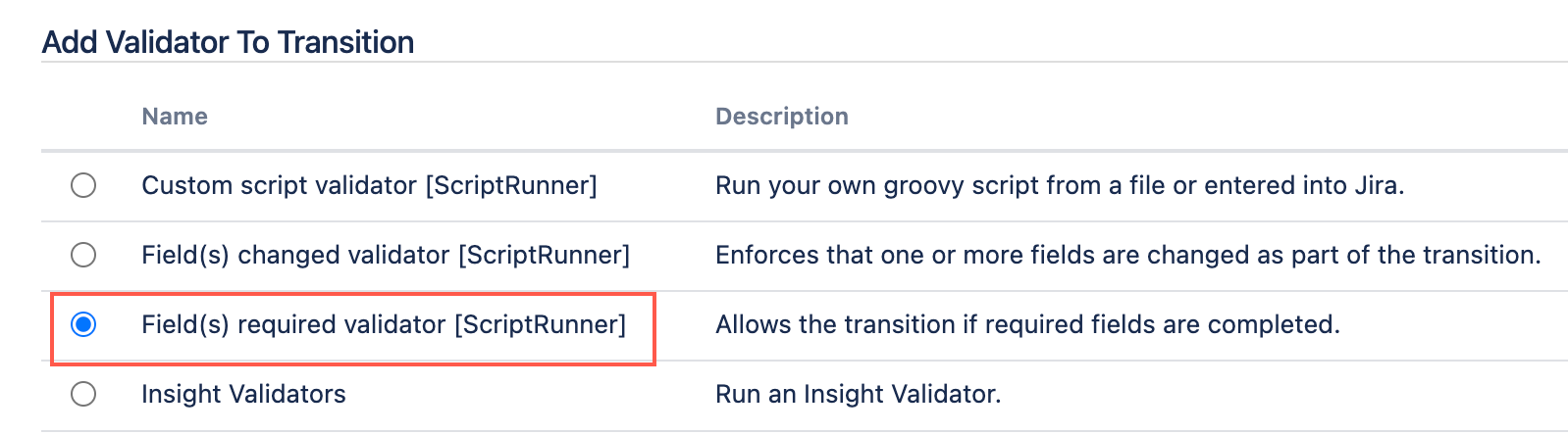 Image showing the fields required validator selected