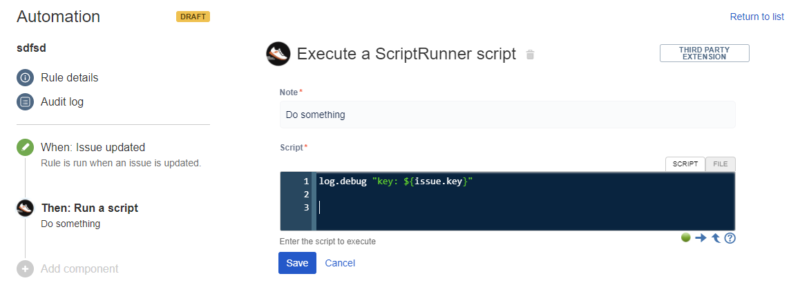 Execute a ScriptRunner Script window in Automation for Jira