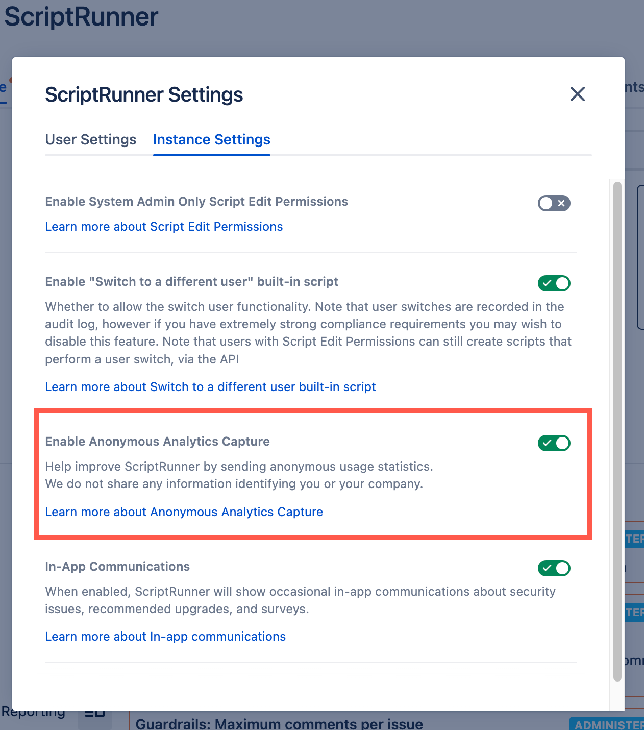 Image of the ScriptRunner Settings screen