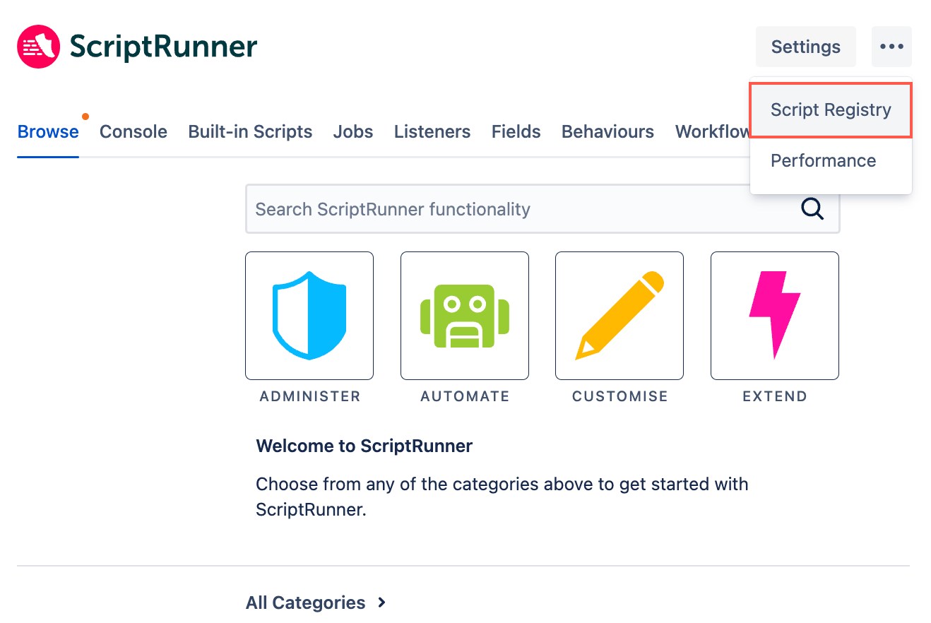 Image showing the Script Registry option being selected